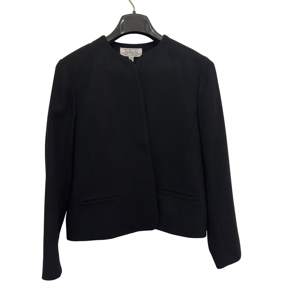 Talbots Petite Vintage Black Wool Blazer Collarless Made in USA Old Money 8P